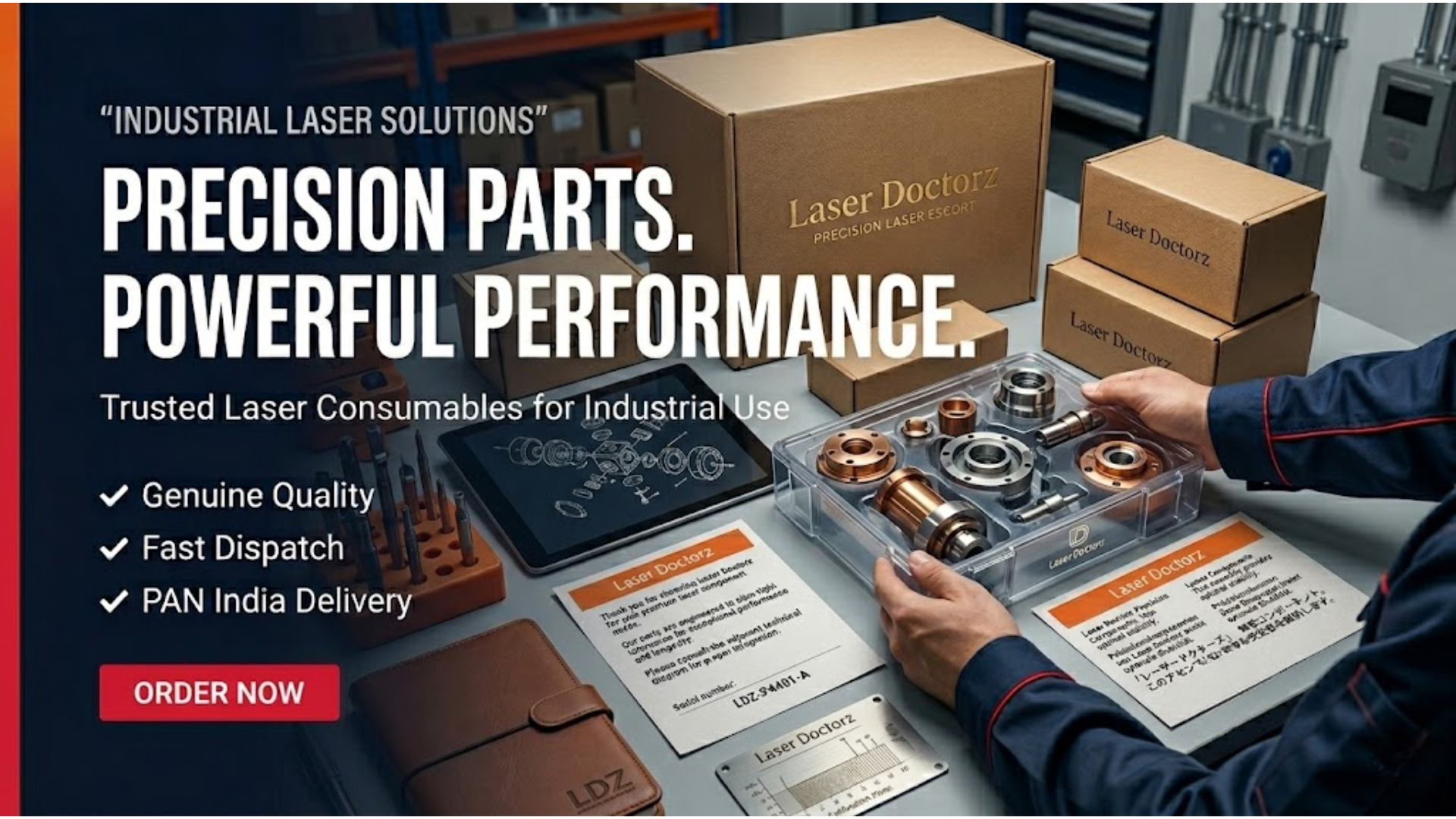 Premium industrial website banner showing laser machine spare parts and consumables arranged on a workstation with branded packaging boxes in a warehouse setting. Bold headline reads “Precision Parts. Powerful Performance.” with feature highlights including genuine quality, fast dispatch, and PAN India delivery.